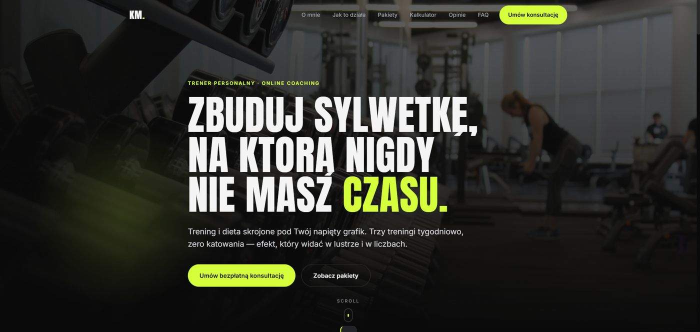 Przykład strony internetowej zrobionej dla trenera personalnego w ciemnym stylu